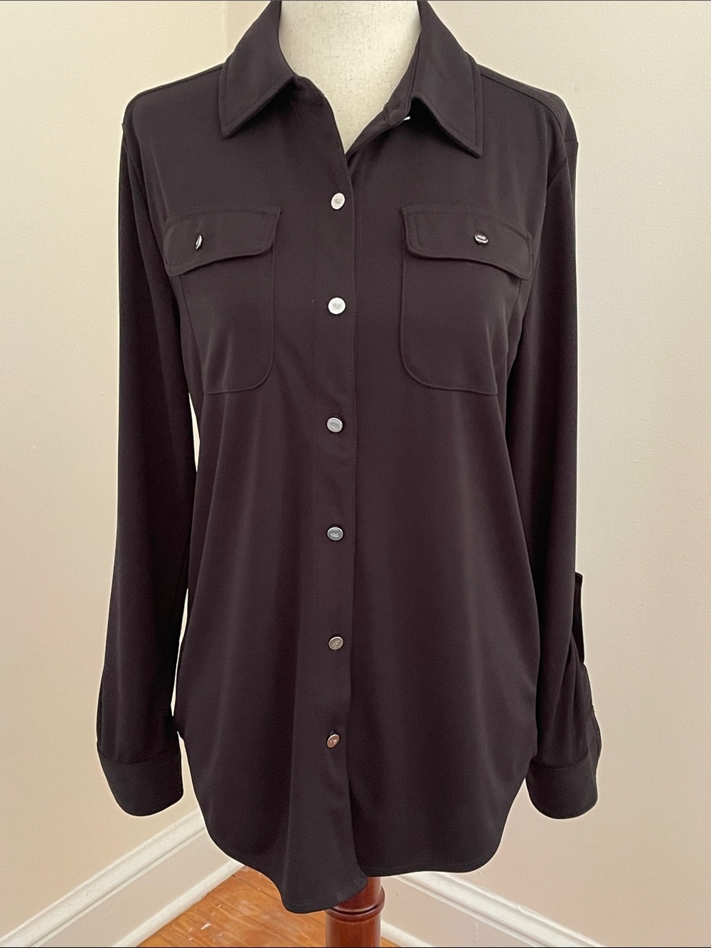 Lauren Ralph Lauren Women’s Stretch Button Front Utility Blouse Black Medium